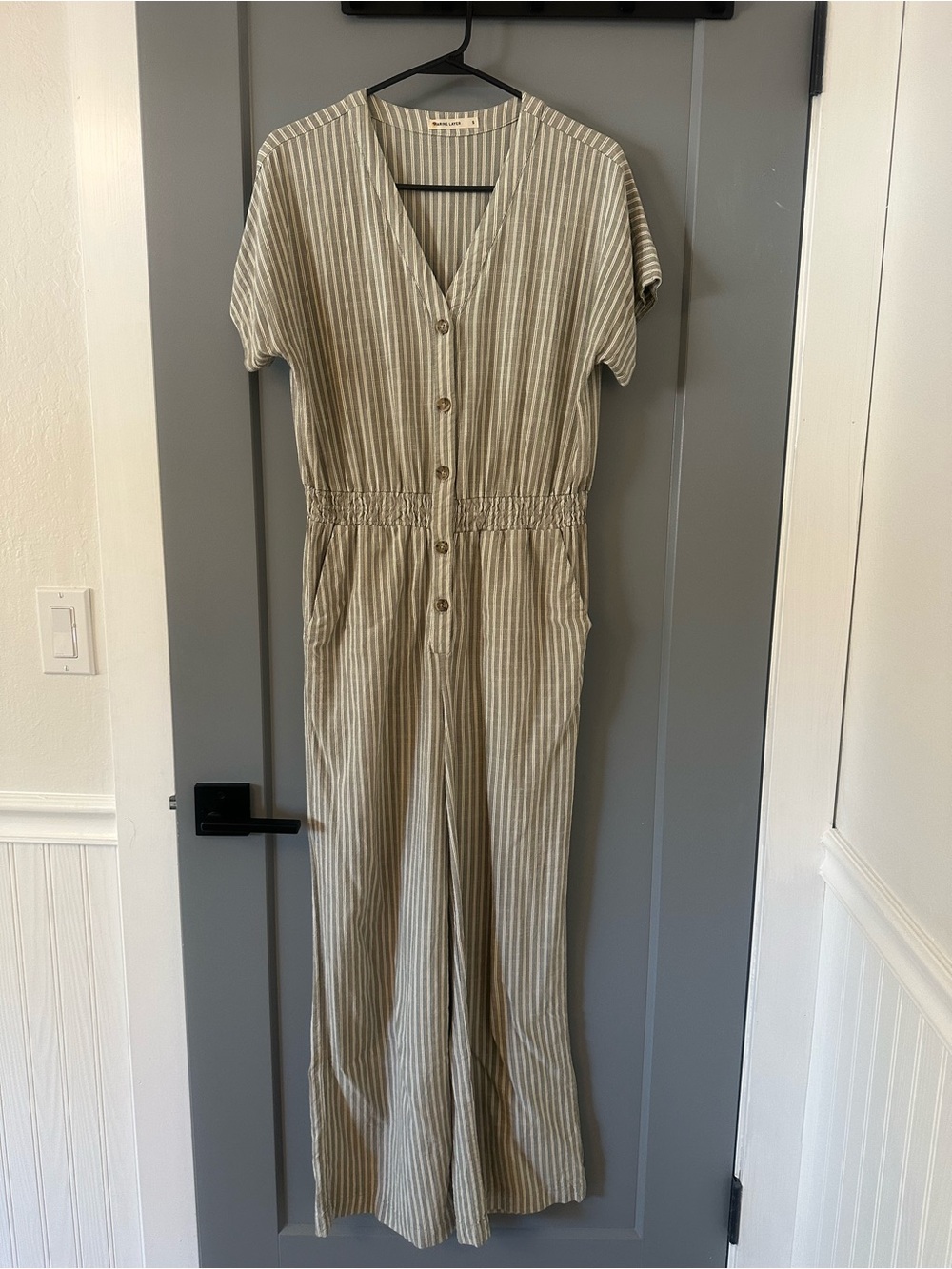Marine Layer Green and White Striped V-Neck Jumpsuit